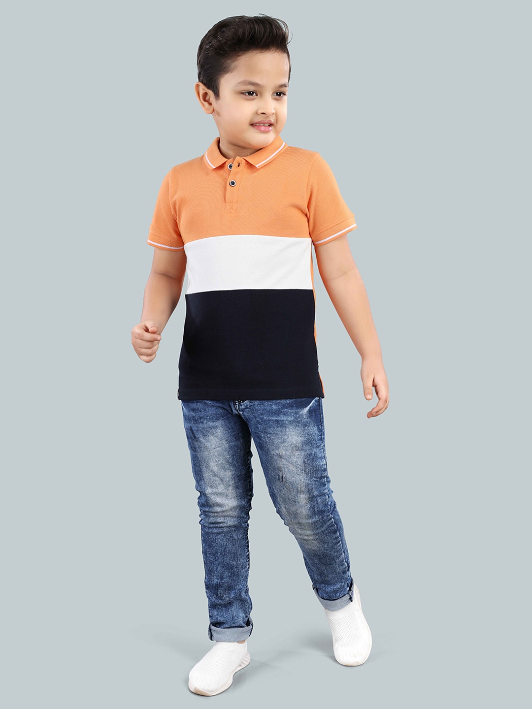 

3PIN Boys Colourblocked Polo Collar Round Neck Cotton T-shirt, Orange