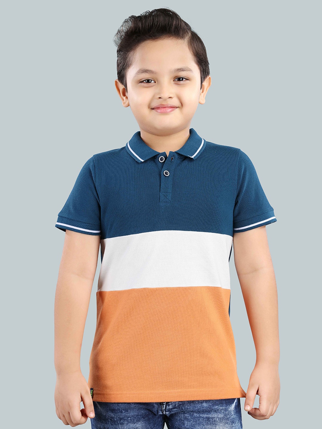 

3PIN Boys Colourblocked Polo Collar Short Sleeves Pure Cotton T-shirt, Navy blue