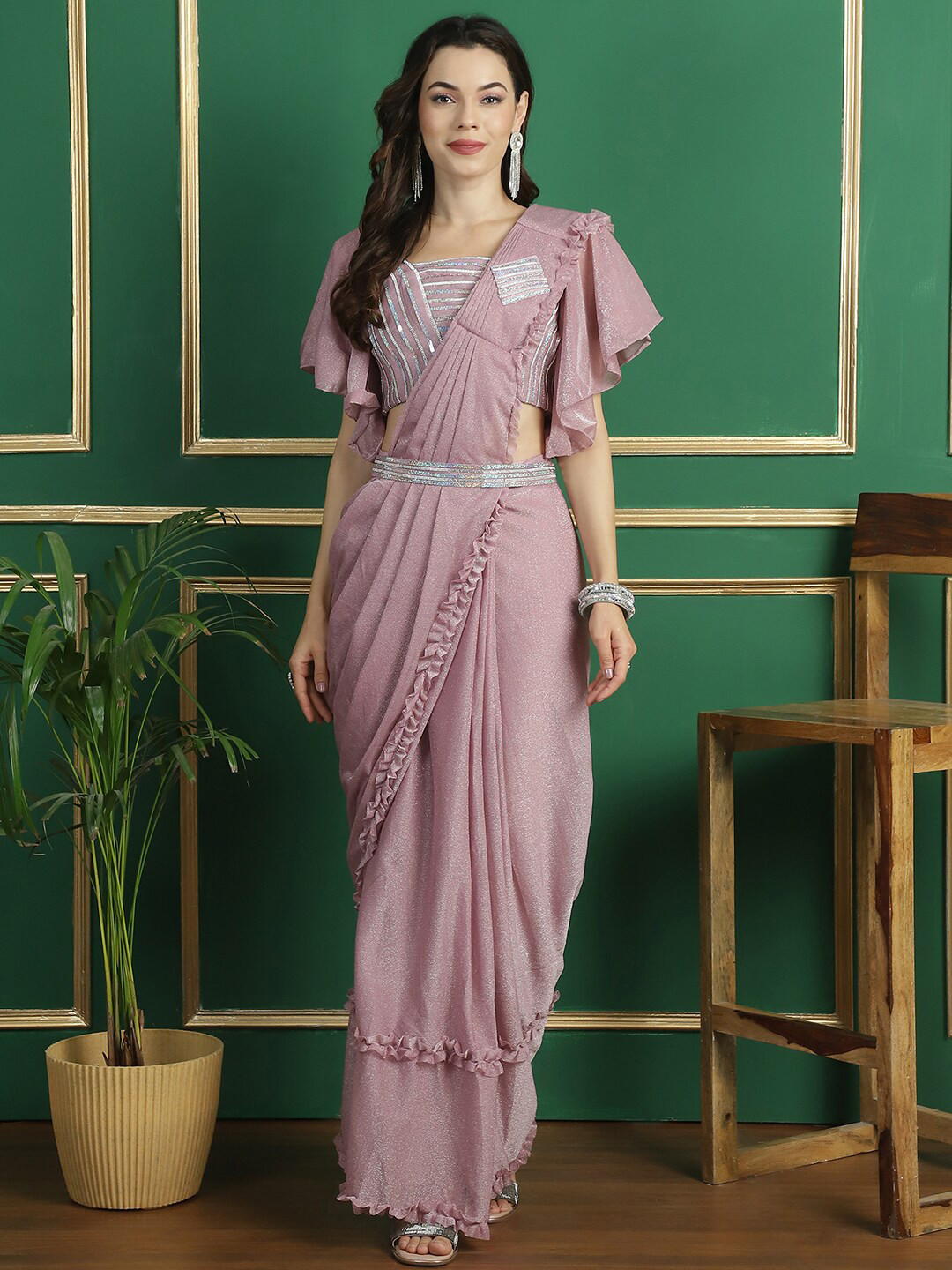 

Mitera Beads and Stones Ready to Wear Saree, Pink