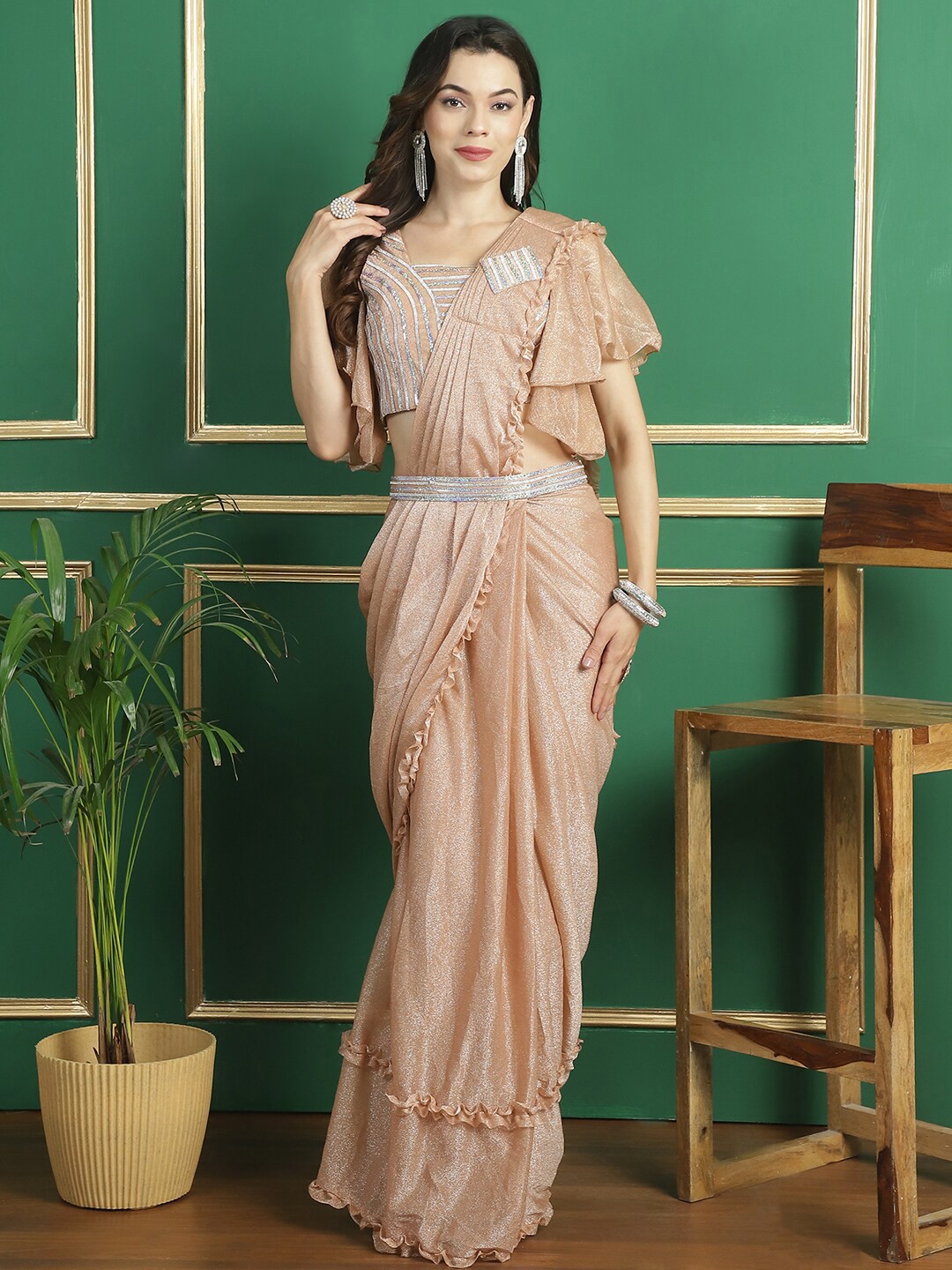 

Mitera Beads and Stones Ready to Wear Saree, Beige