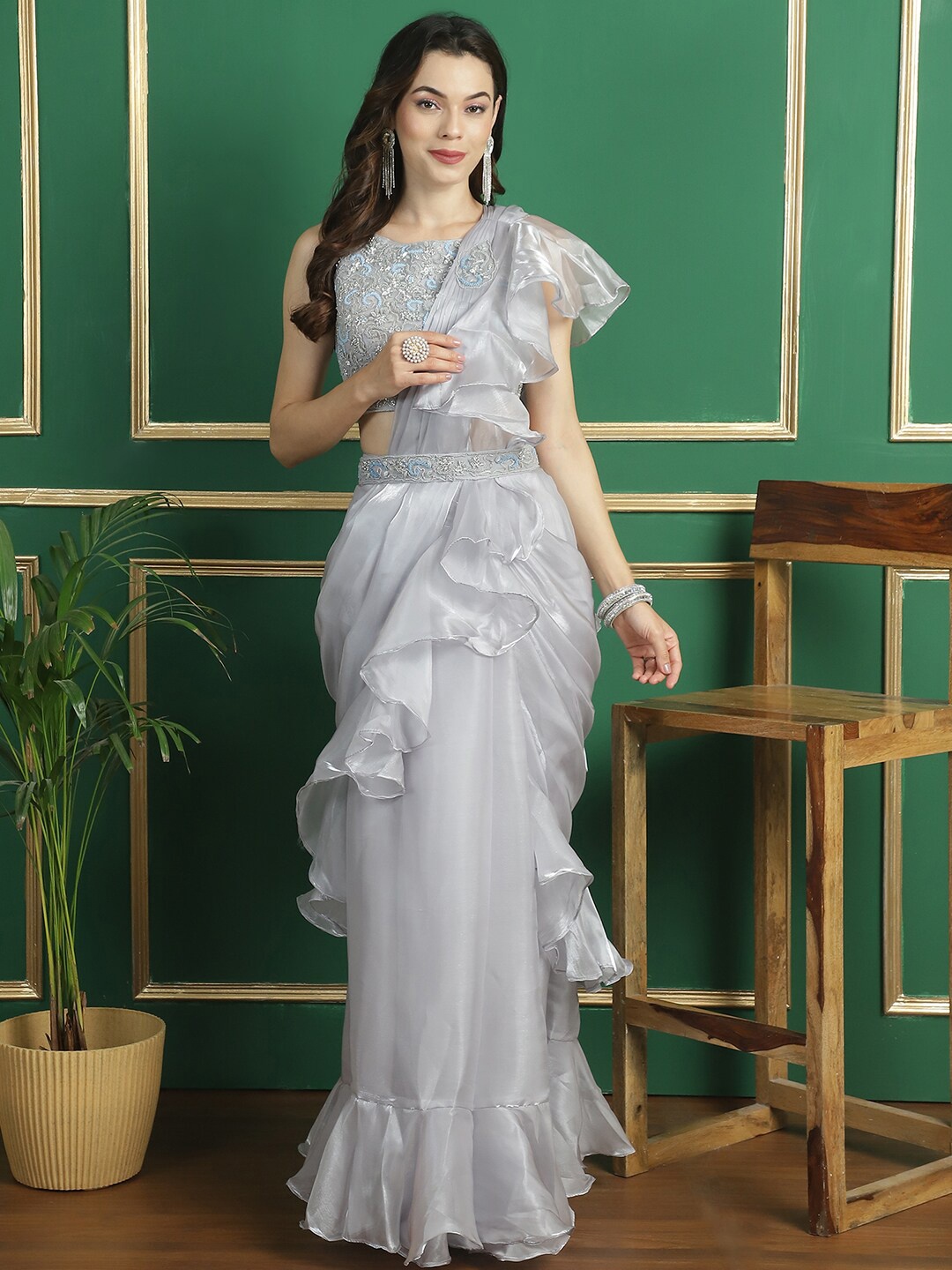 

Mitera Embroidered Organza Ready to Wear Saree, Grey