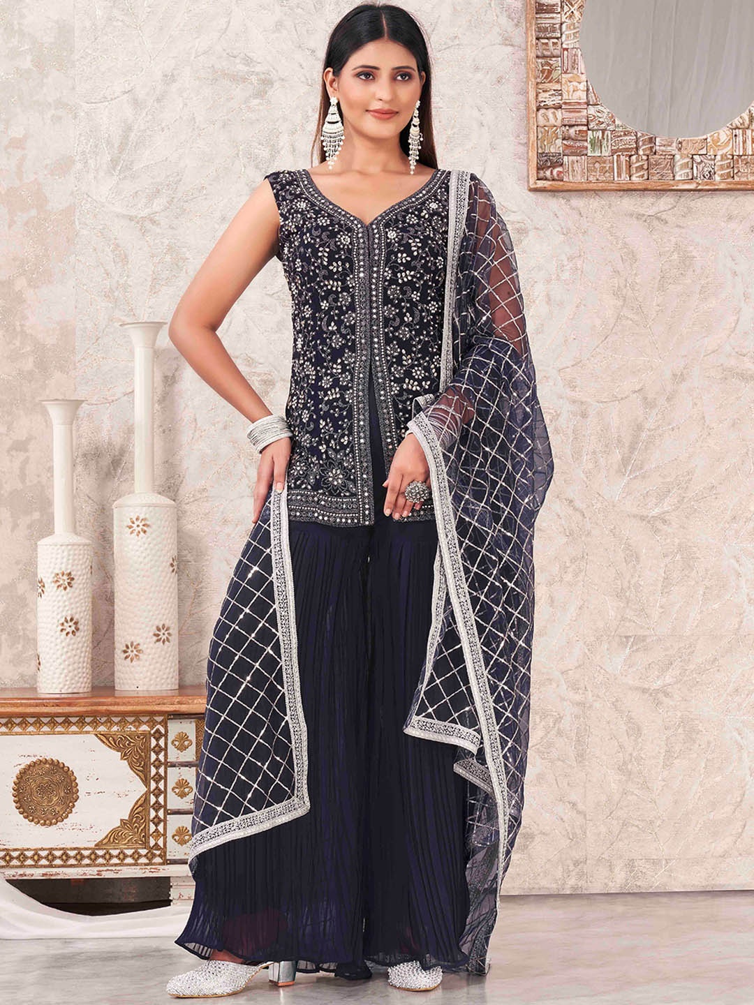 

flaher Floral Embroidered V-Neck Sleeveless Sequinned Kurta with Sharara & With Dupatta, Black