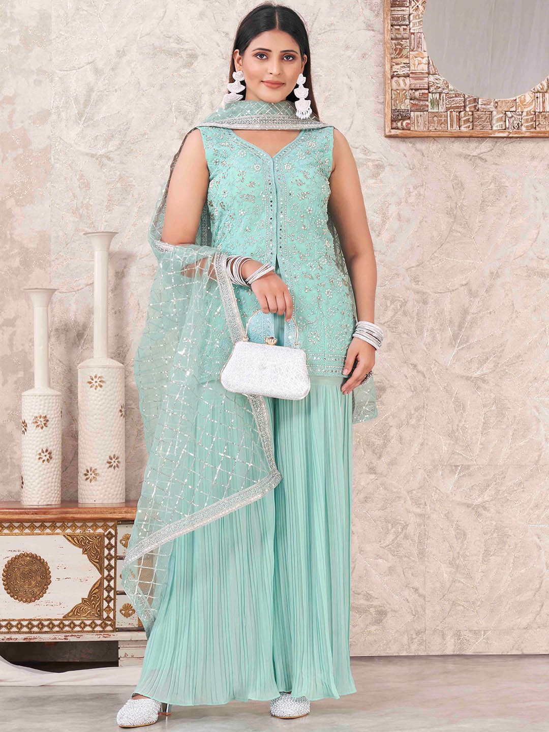 

flaher Ethnic Motifs Sequin Embroidered Regular Kurti With Sharara & Dupatta, Teal