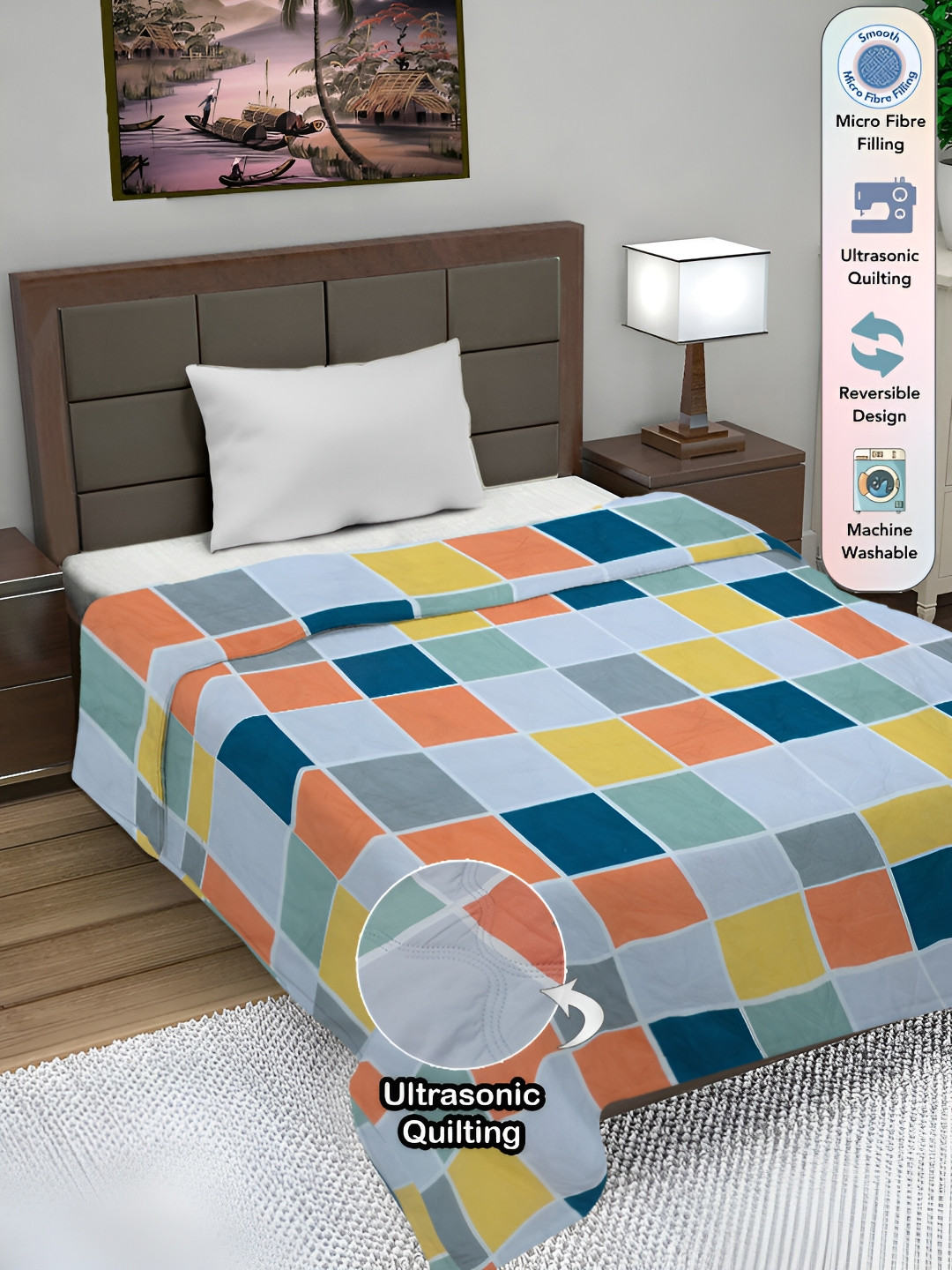 

FABINALIV Blue Geometric Print Ultrasonic Quilted Reversible 350 GSM Single Bed Comforter