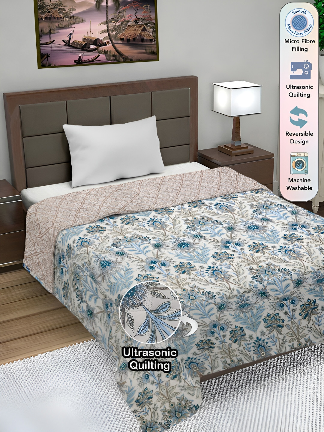 

FABINALIV Floral Ultrasonic Quilted Reversible 350 GSM AC Room Single Bed Comforter, Off white