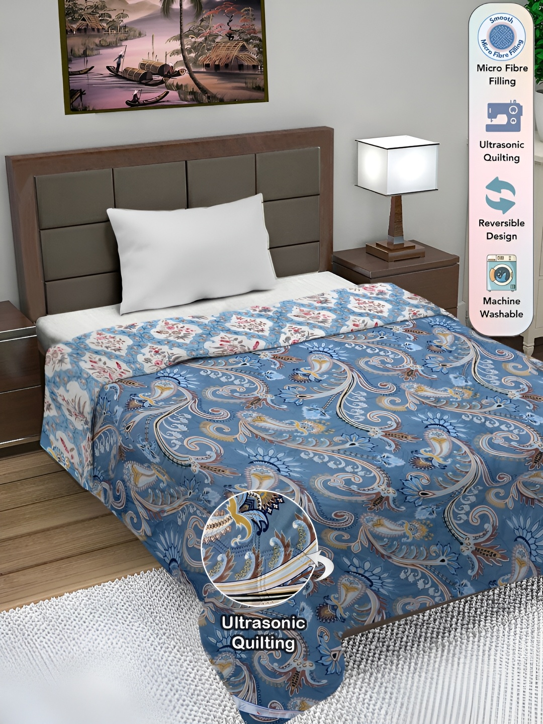 

FABINALIV Floral Ultrasonic Quilted Reversible 350 GSM AC Room Single Bed Comforter, Blue