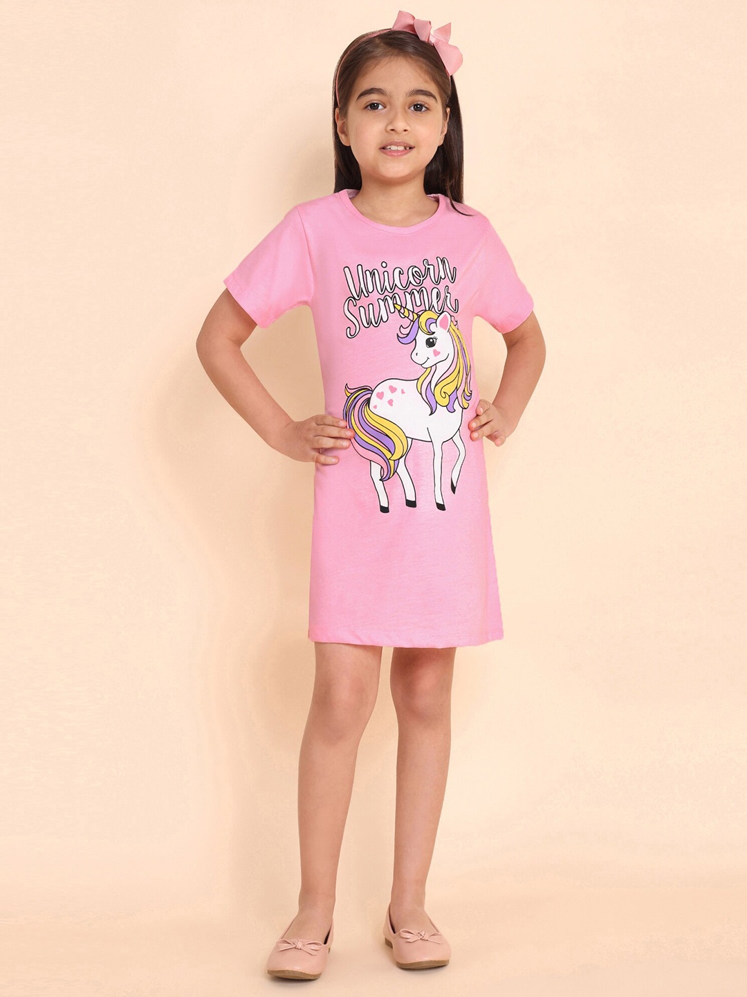 

YK Girls Graphic Printed Round Neck Cotton T-Shirt Dress, Pink