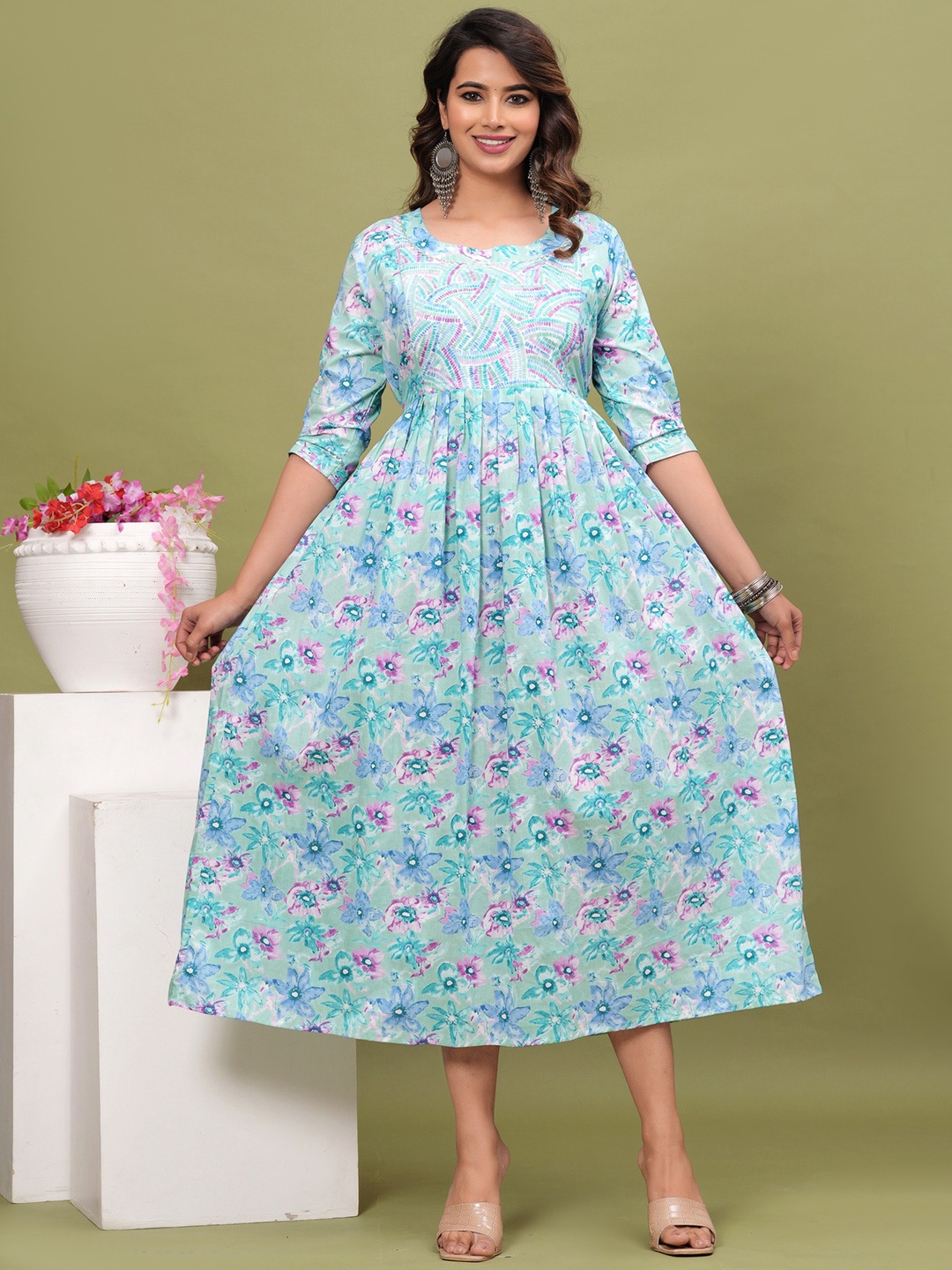 

NITVAN Floral Printed Round Neck Anarkali Maternity Cotton Kurta, Turquoise blue