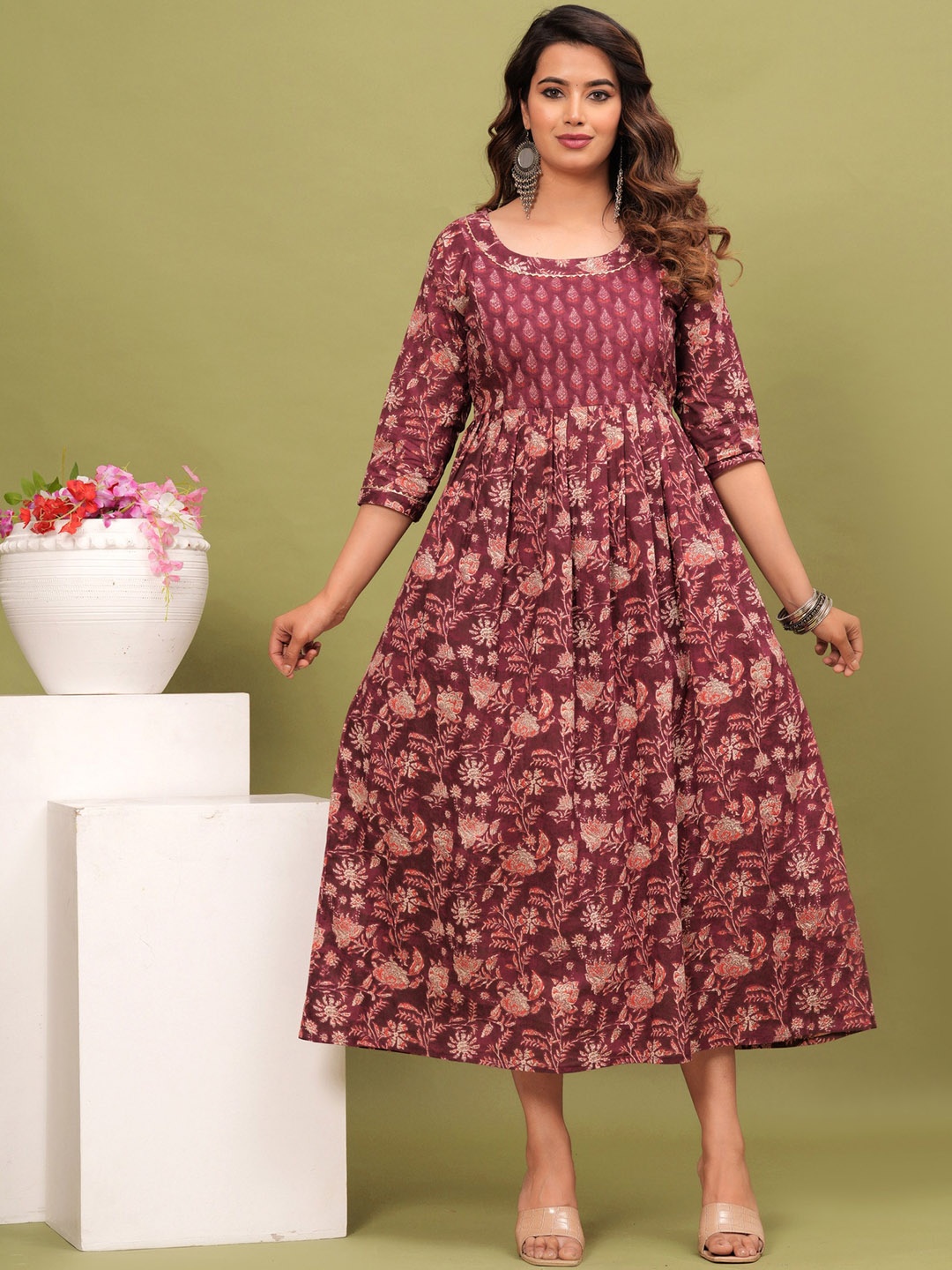 NITVAN Floral Printed Round Neck Flared Maternity Anarkali Cotton Kurta, Purple