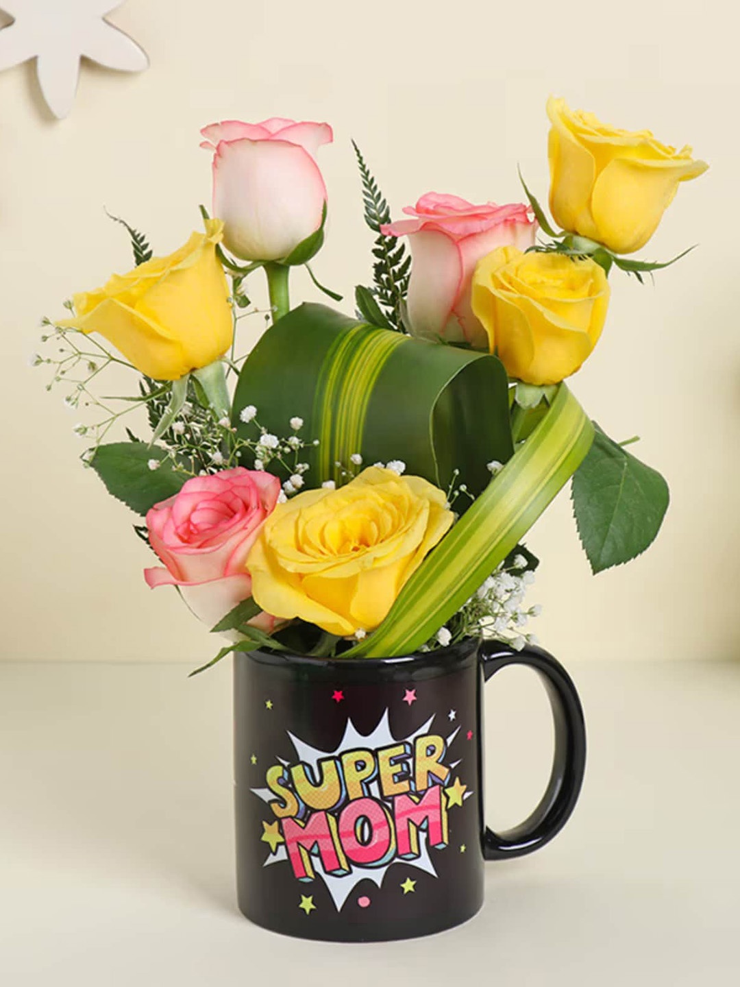 

Floweraura Yellow & Pink 8 Pieces Rose Flowers Bouquet In Coffee Mug
