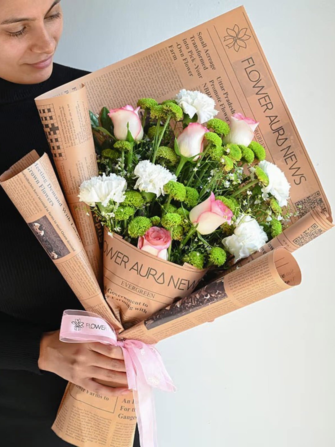 

Floweraura Pink 14 Pieces Rose White Carnation Daisy Flowers Bouquet