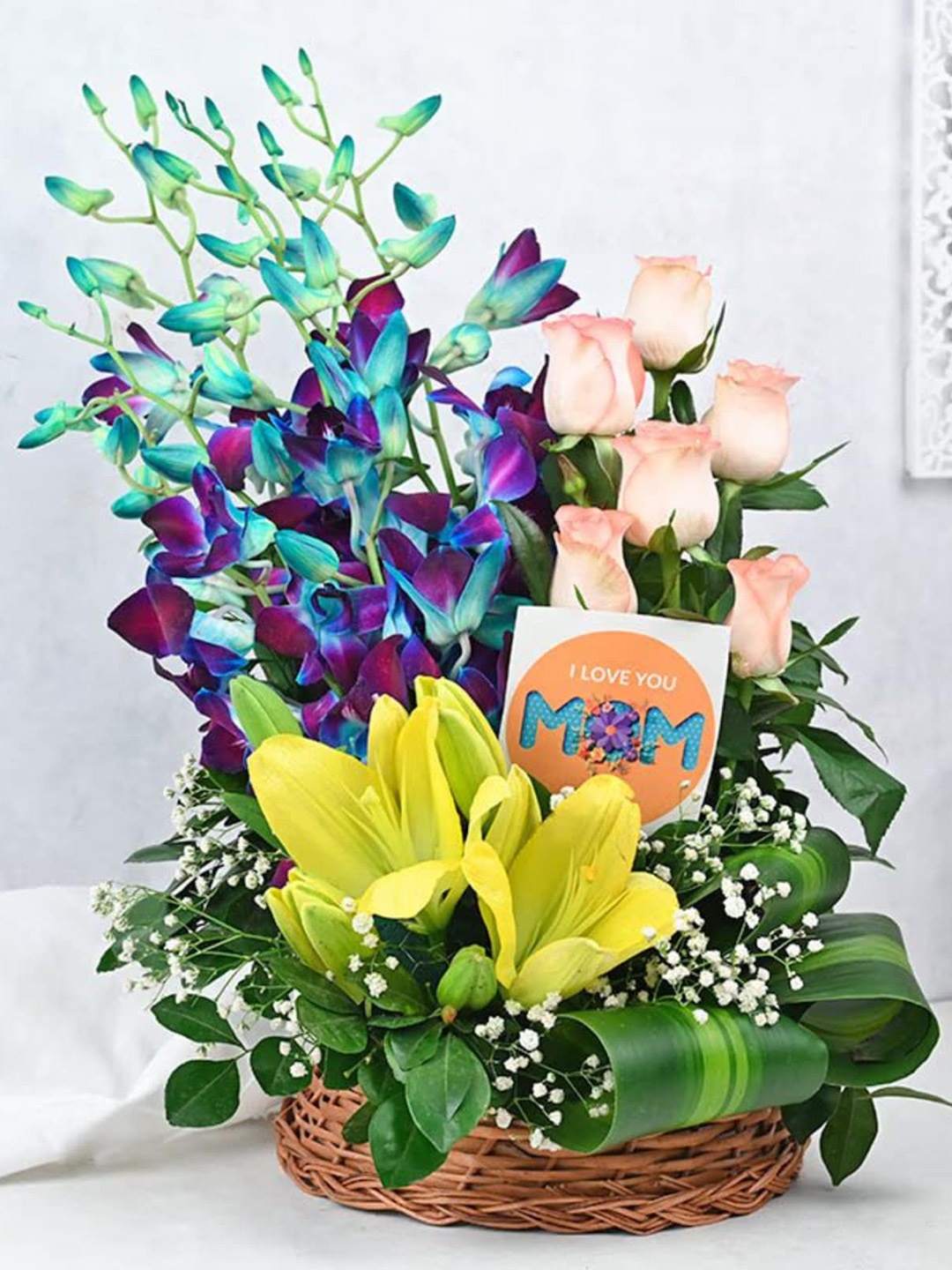 

Floweraura Pink 13 Pieces Roses Blue & Lily Fresh Flowers Bouquet, Yellow