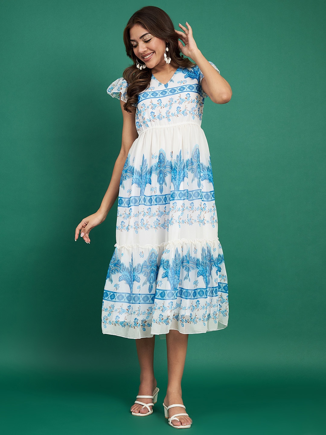 

Justin Whyte Floral Printed V-Neck Tiered A-Line Maxi Dress, Blue