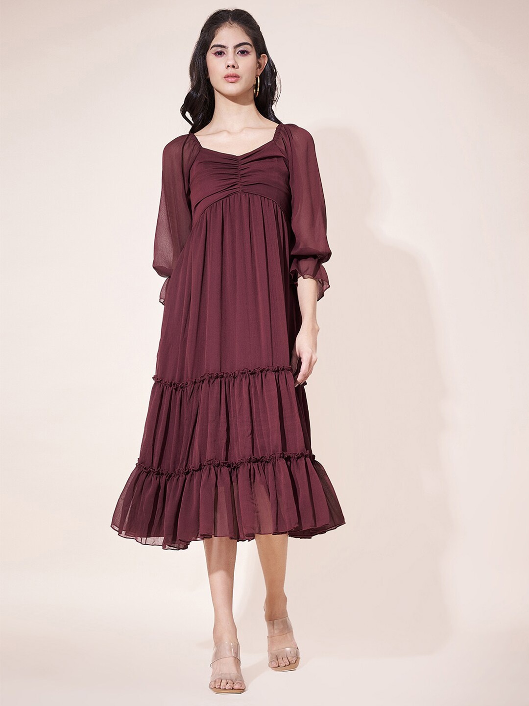 

Justin Whyte Round Neck Puff Sleeve Chiffon Fit & Flare Midi Dress, Maroon