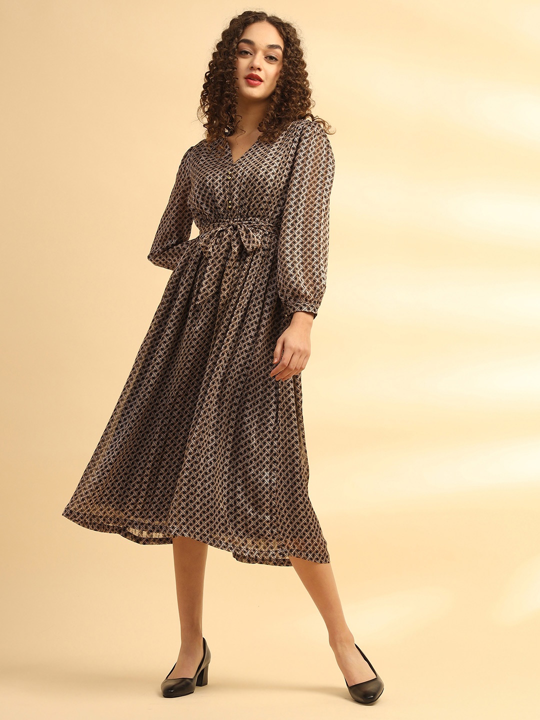 

Justin Whyte Geometric Printed Mandarin Collar Georgette Fit & Flare Midi Dress, Black