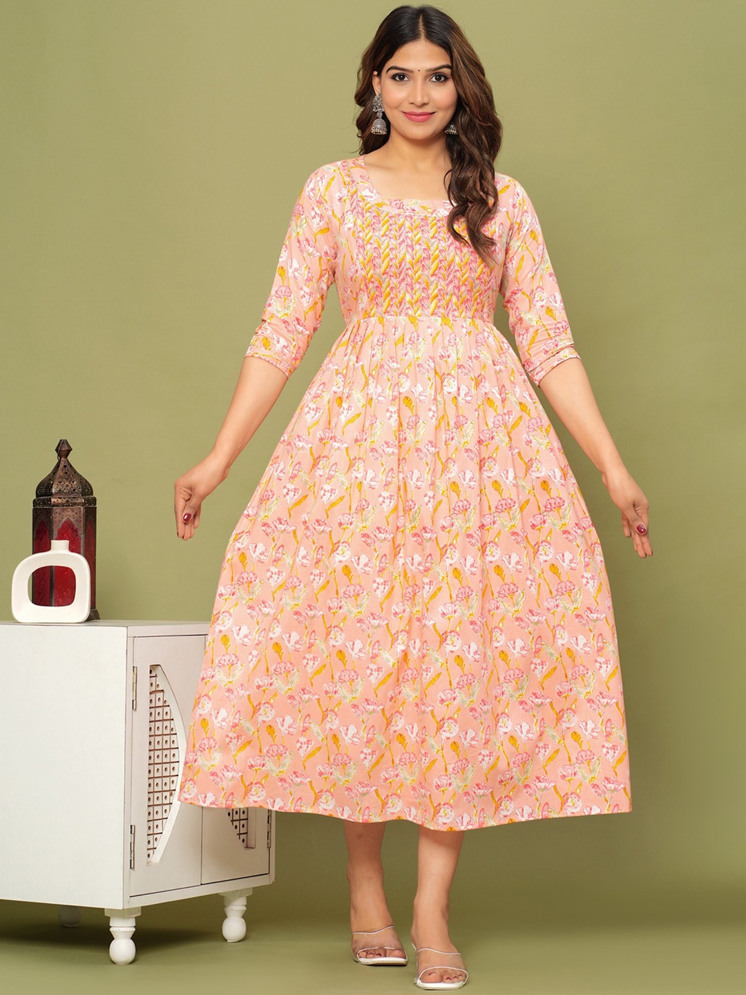 

NITVAN Ethnic Motifs Printed Gotta Patti Maternity Anarkali Cotton Kurta, Pink