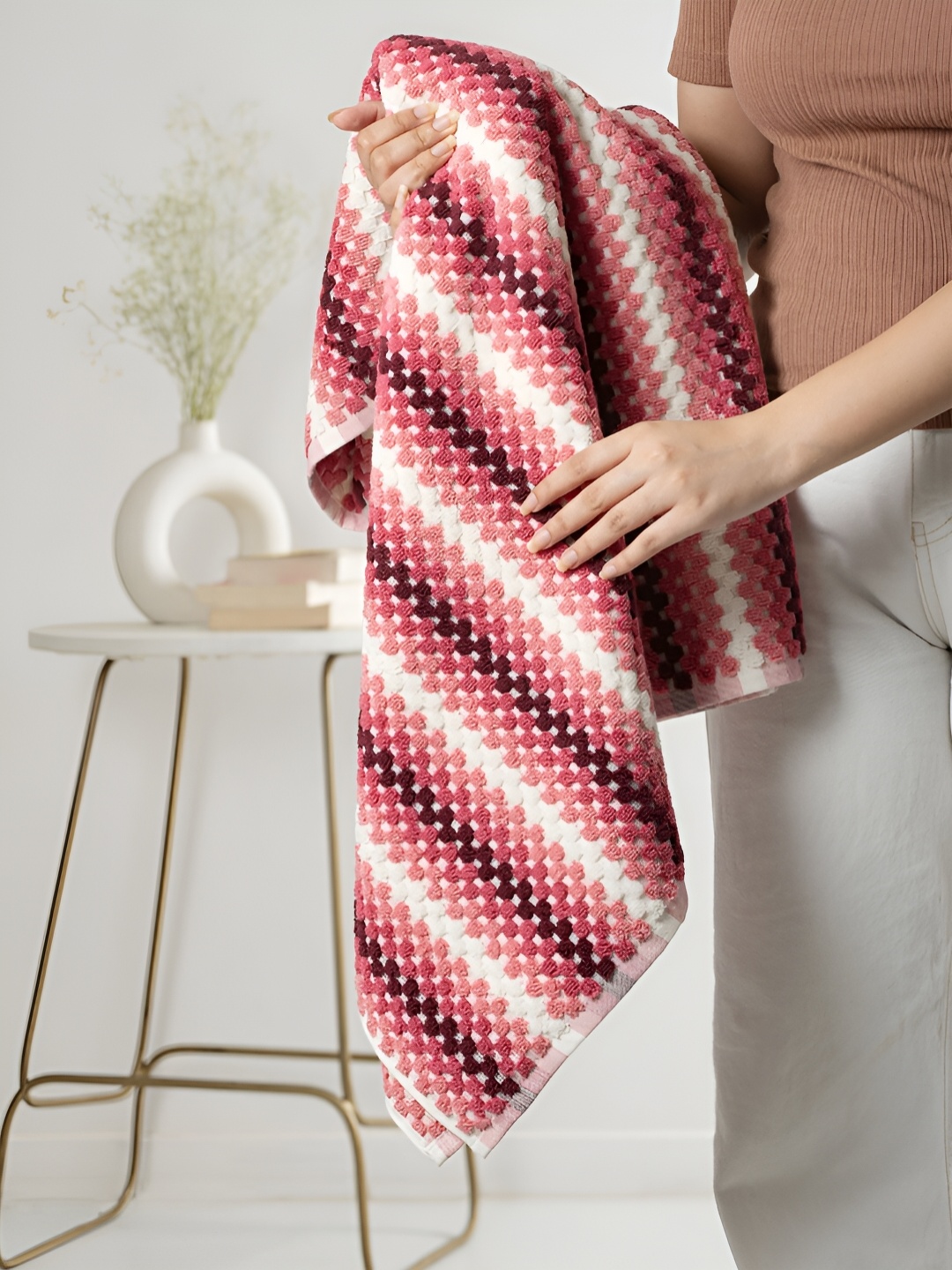

MYTRIDENT Pink & White Striped Cotton 500 GSM Bath Towel