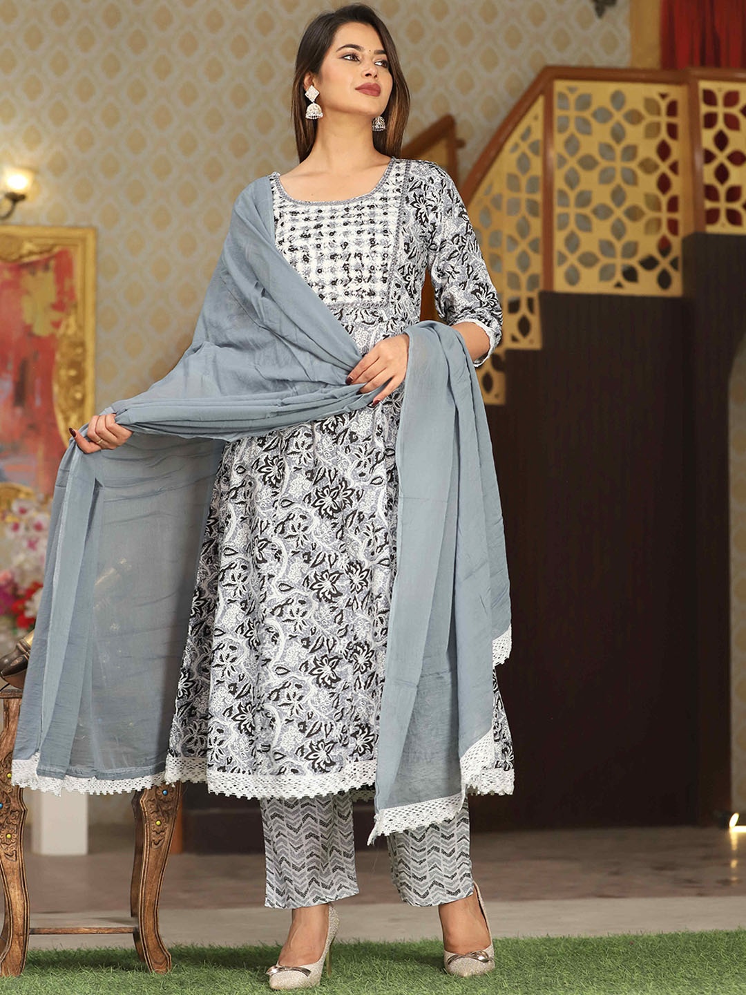 

SINGNI Round Neck Ethnic Embroidered Pure Cotton Anarkali Kurta with Trouser & Dupatta, Grey