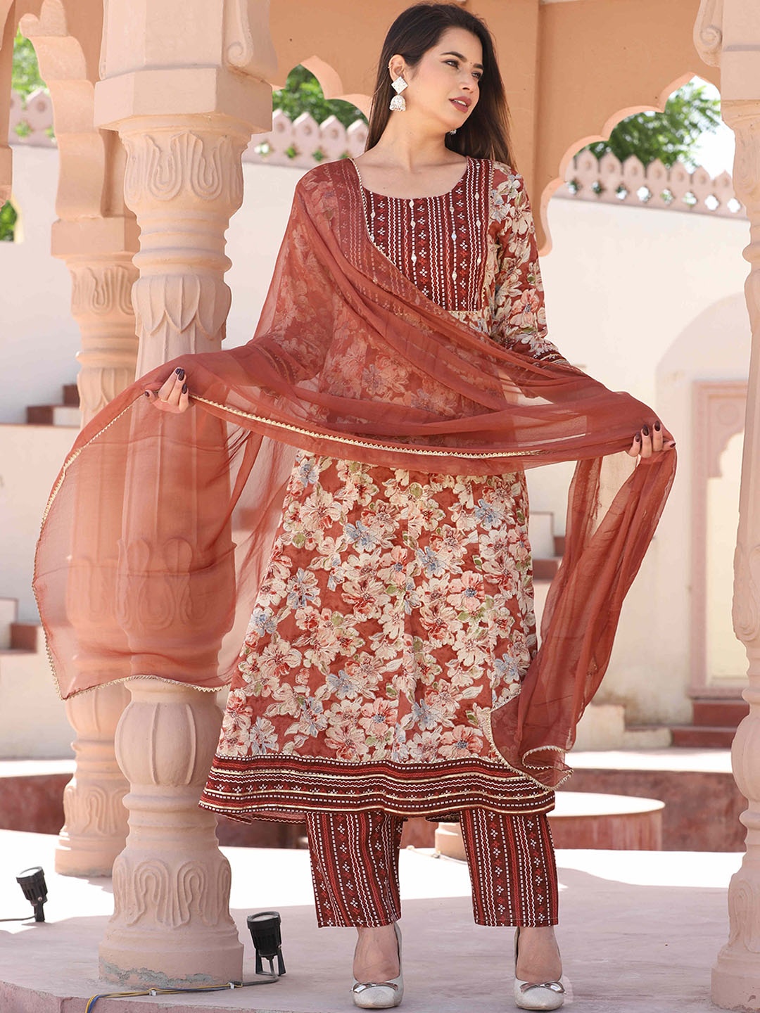 

SINGNI Round Neck Floral Printed Mirror Work Anarkali Kurta with Trouser & Dupatta, Brown