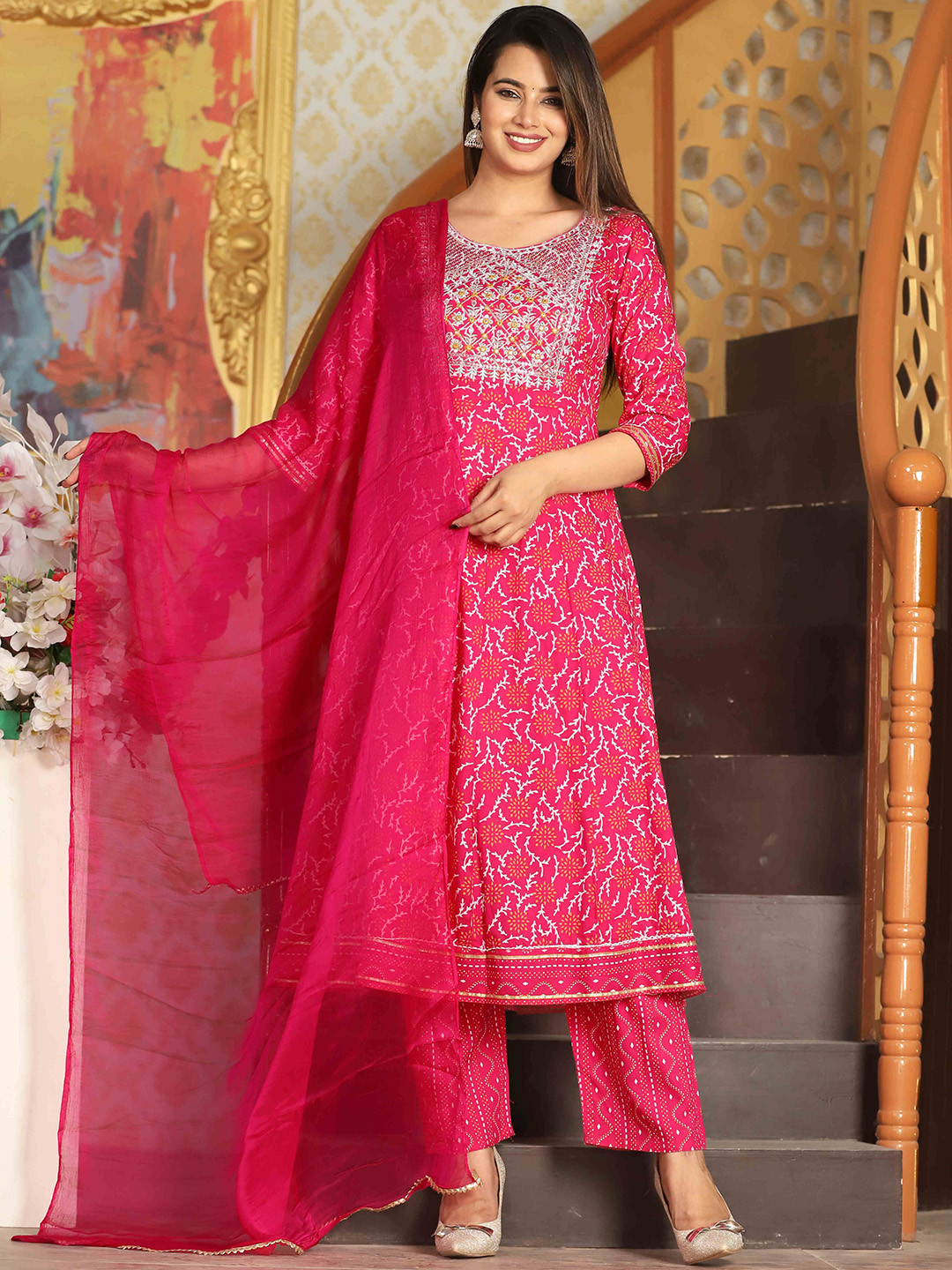 

SINGNI Round Neck Ethnic Printed Thread Work Anarkali Kurta with Trouser & Dupatta, Peach