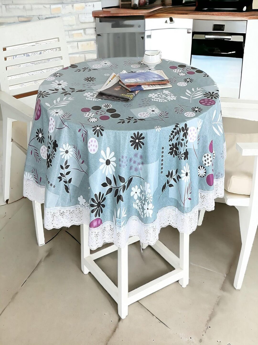 

CASA-NEST Sea Green & White Floral 4-Seater Table Cover