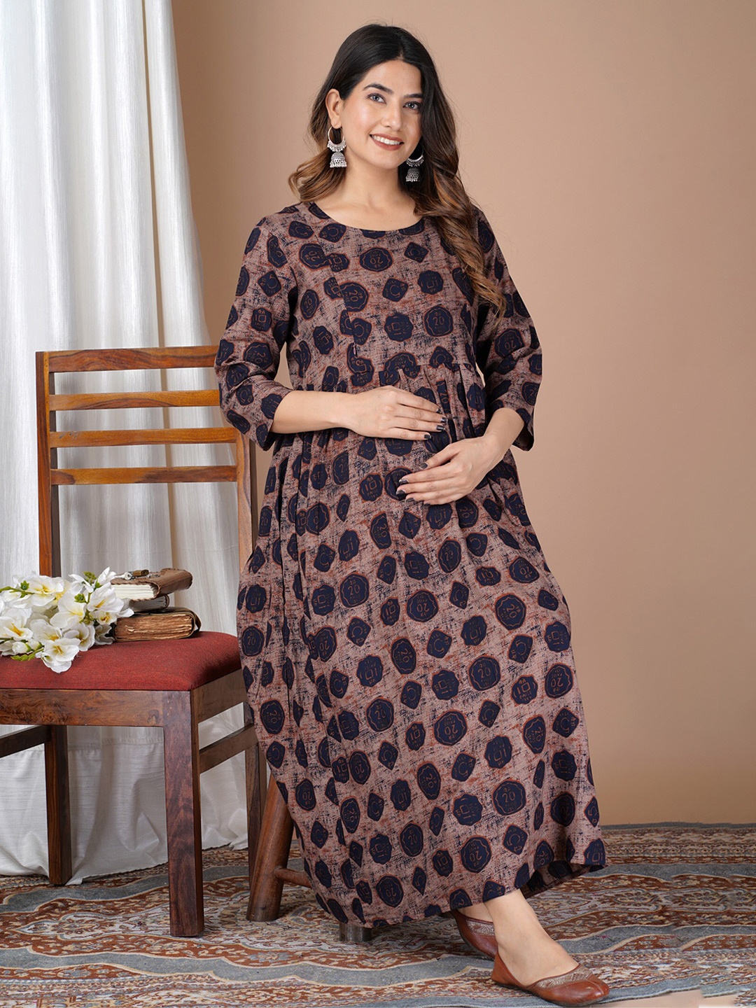 

KALINI Ethnic Motifs Printed Maternity Maxi Midi Dress, Brown