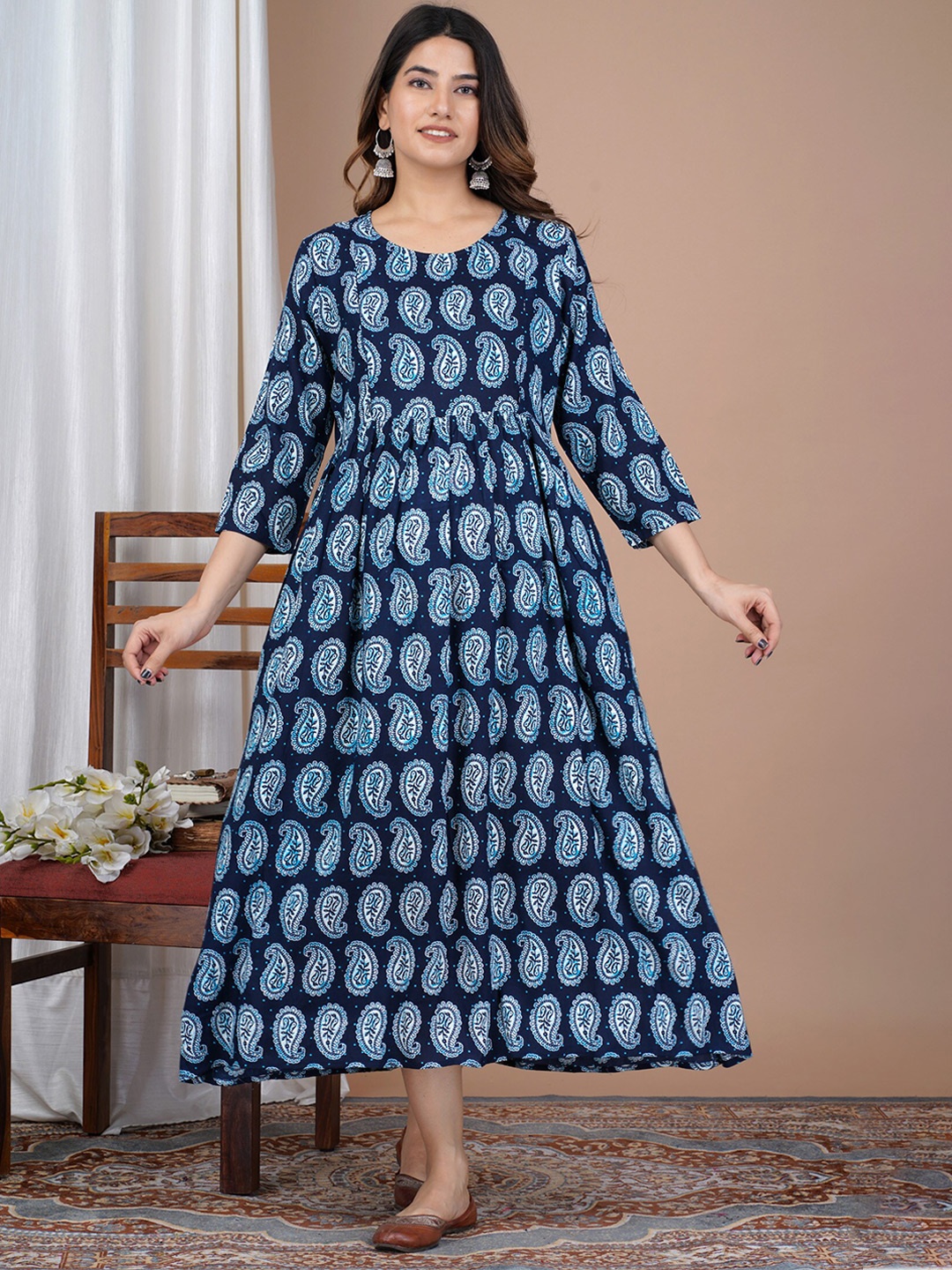 

KALINI Ethnic Motifs Print Maternity A-Line Midi Dress, Blue