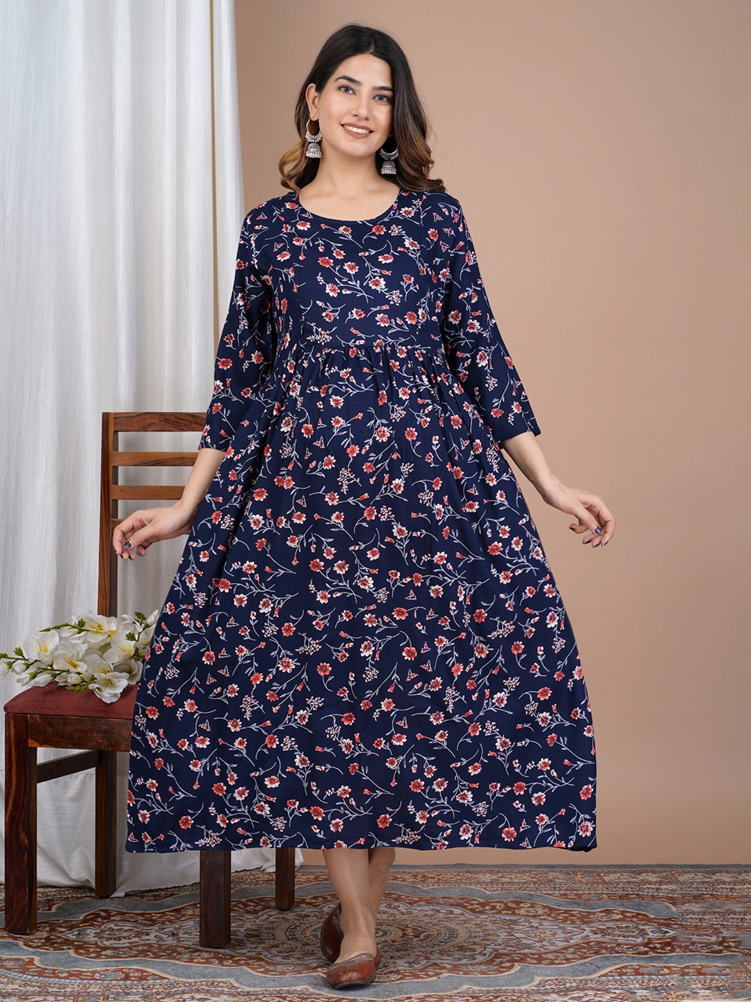 

KALINI Floral Printed Maternity A-Line Midi Dress, Blue