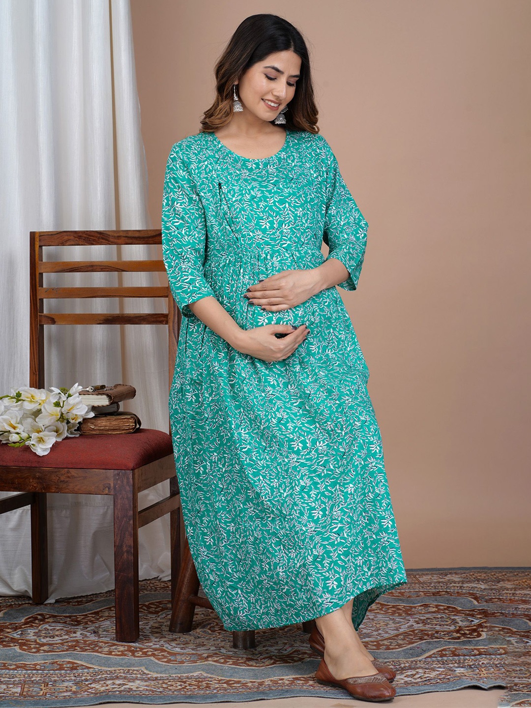 

KALINI Floral Printed Maternity Maxi Dress, Green