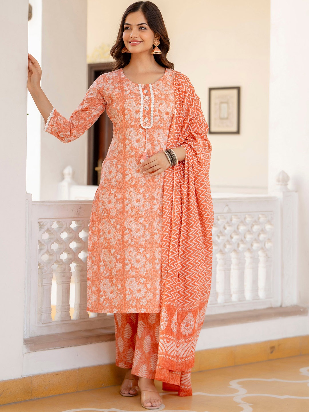 

Anouk Floral Printed Regular Aari Work Pure Cotton Straight Kurta With Palazzos & Dupatta, Orange