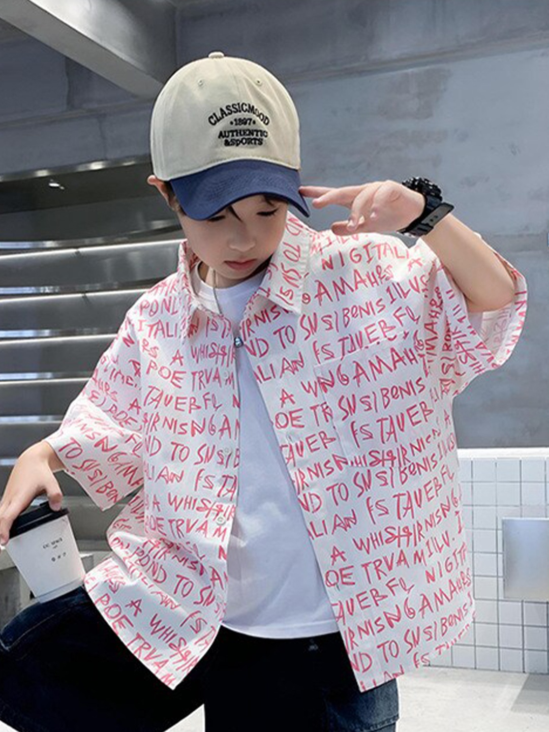 

StyleCast x Revolte Boys Spread Collar Typographic Printed Regular Fit Casual Shirt, Pink