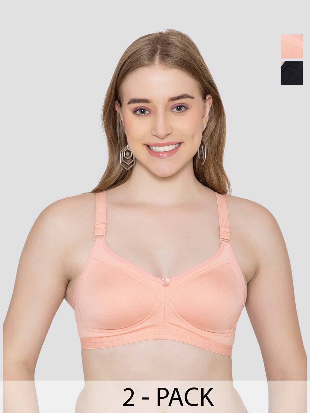 

MAASHIE Pack of 2 Full Coverage Seamless Everyday Bra PCH-BLK, Peach