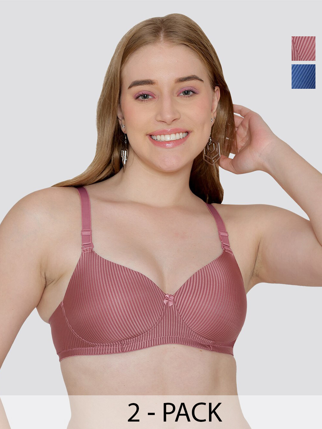 

MAASHIE Pack of 2 Striped Pattern Padded T-Shirt Bra ON-BLU, Pink