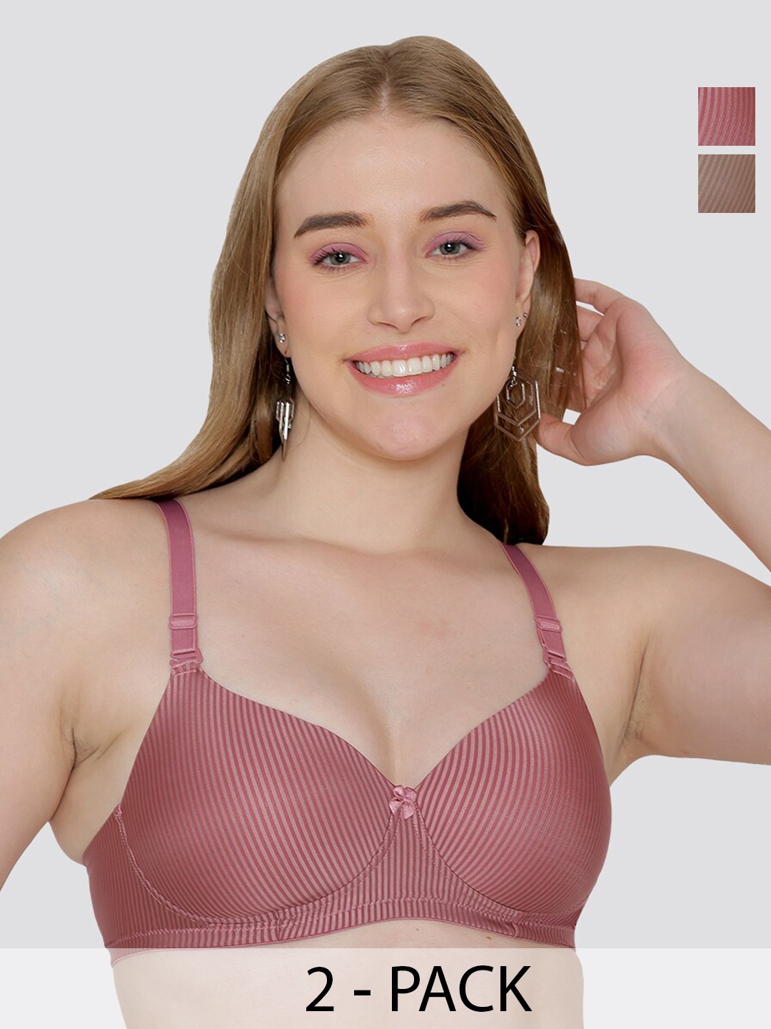 

MAASHIE Pack of 2 Striped Pattern Padded T-Shirt Bra ON-FWN, Pink