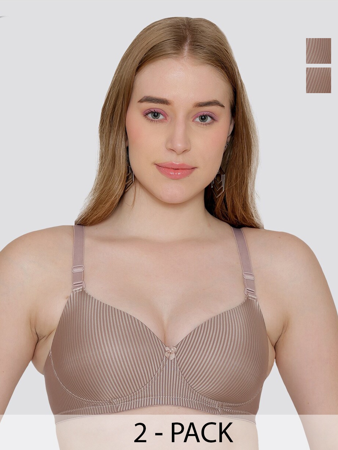 

MAASHIE Pack of 2 Striped Pattern Padded T-Shirt Bra FWN-FWN, Beige