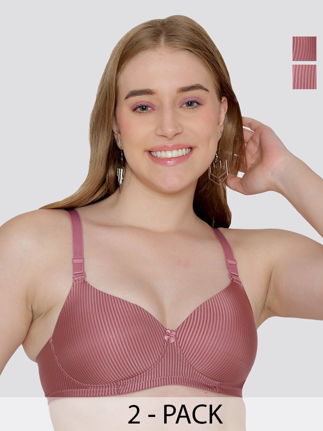 

MAASHIE Pack of 2 Striped Pattern Padded T-Shirt Bra ON-ON, Pink