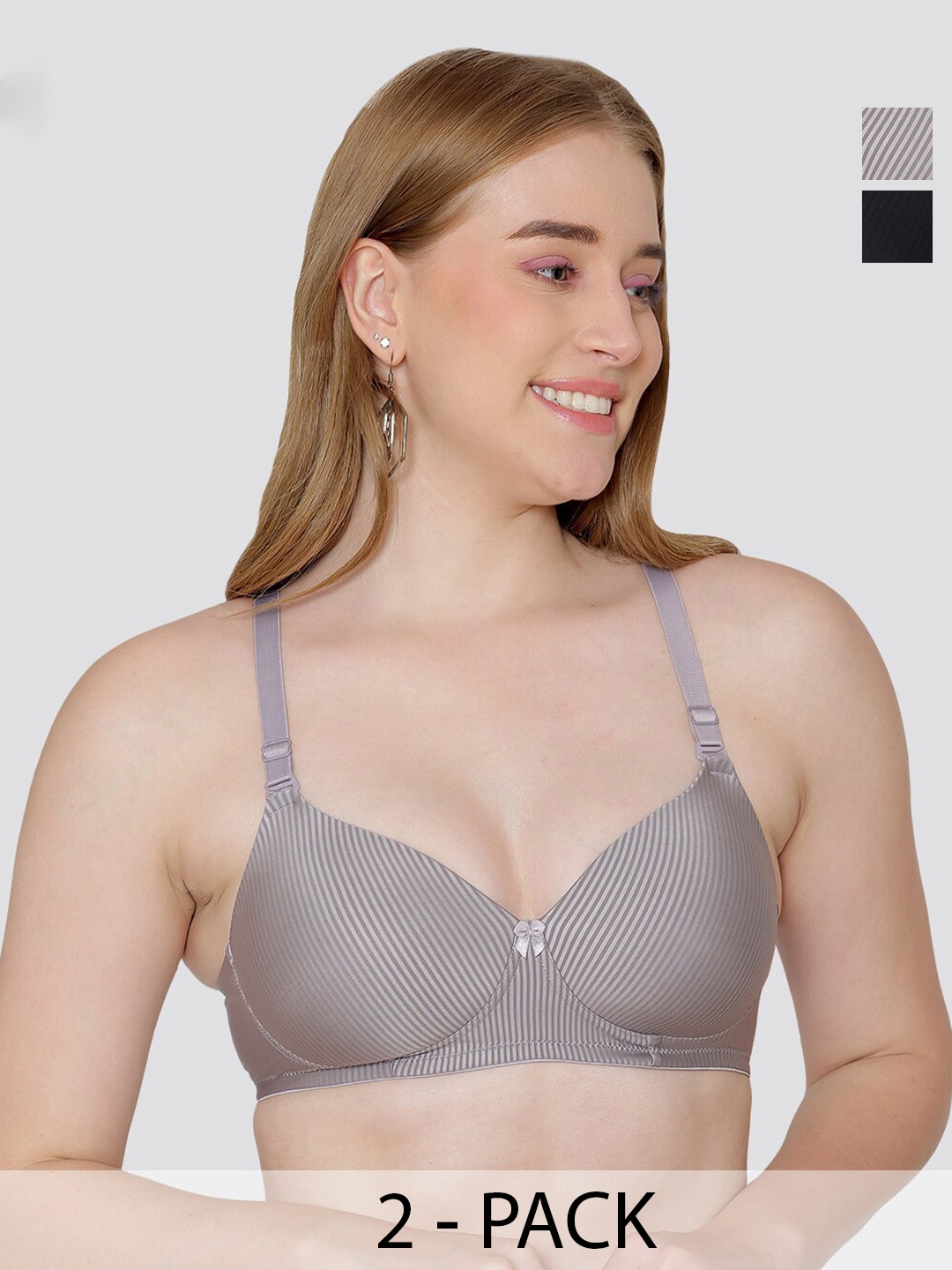 

MAASHIE Pack of 2 Striped Pattern Padded T-Shirt Bra GRY-BLK, Grey