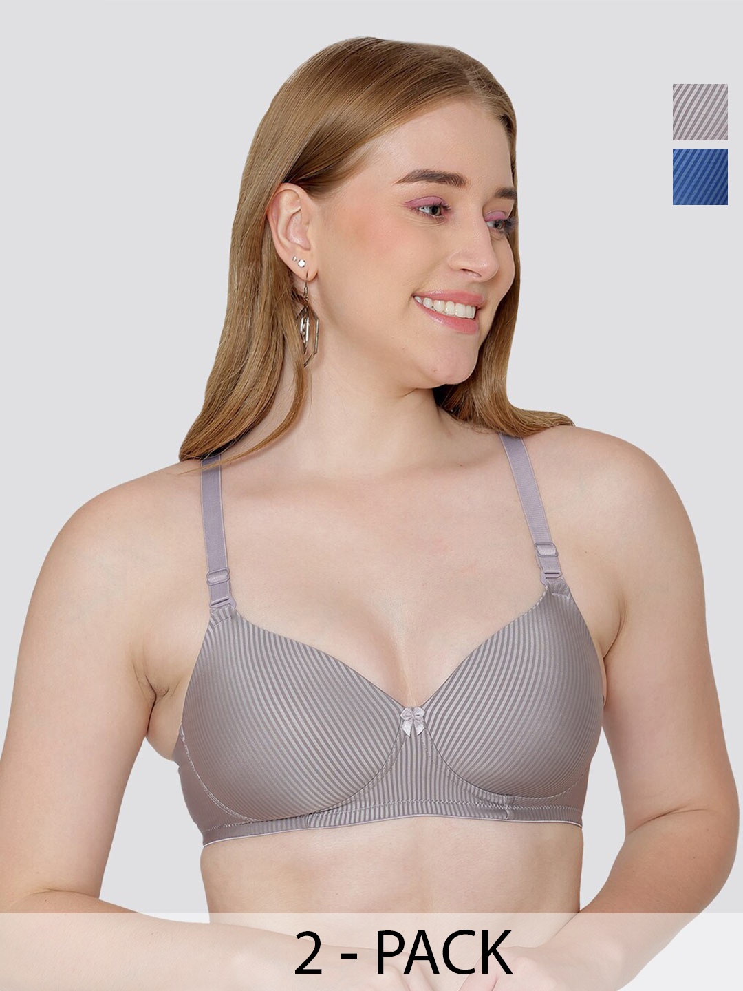 

MAASHIE Pack of 2 Striped Pattern Padded T-Shirt Bra GRY-BLU, Grey
