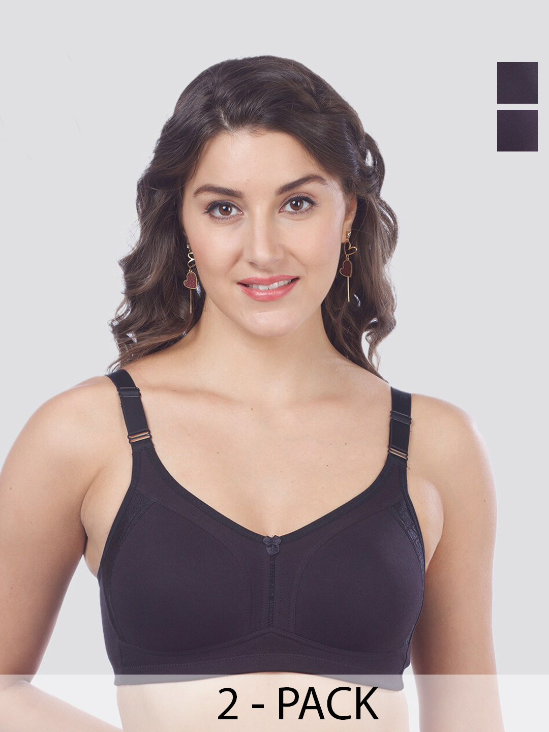 

MAASHIE Pack of 2 Double Layered Cups High Support Lace Bra BLK-BLK, Black