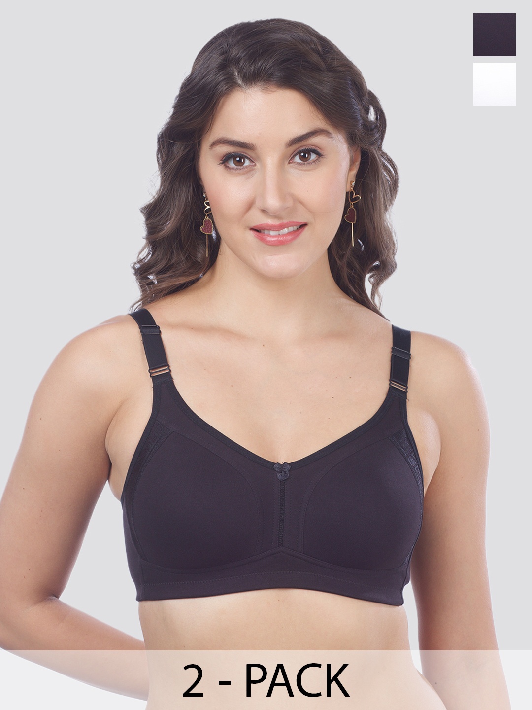 

MAASHIE Pack of 2 Double Layered Cups High Support Lace Bra WH-BLK, White