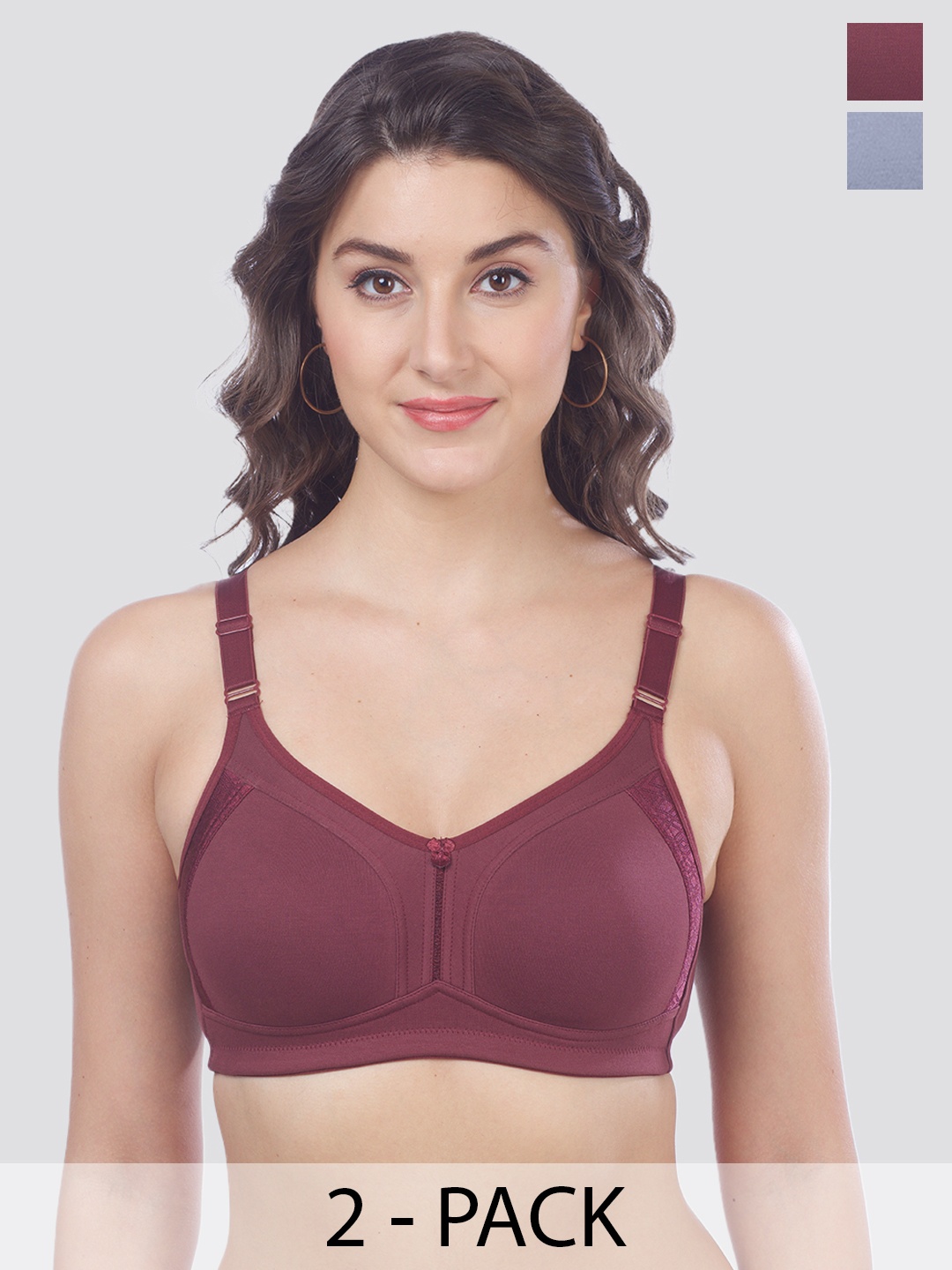 

MAASHIE Pack of 2 Double Layered Cups High Support Lace Bra BLU-WNE, Blue