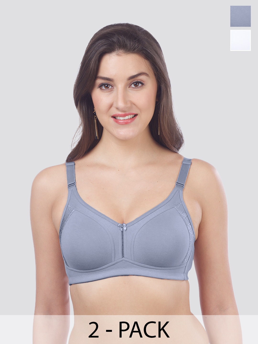 

MAASHIE Pack of 2 Double Layered Cups High Support Lace Bra BLU-WH, Blue