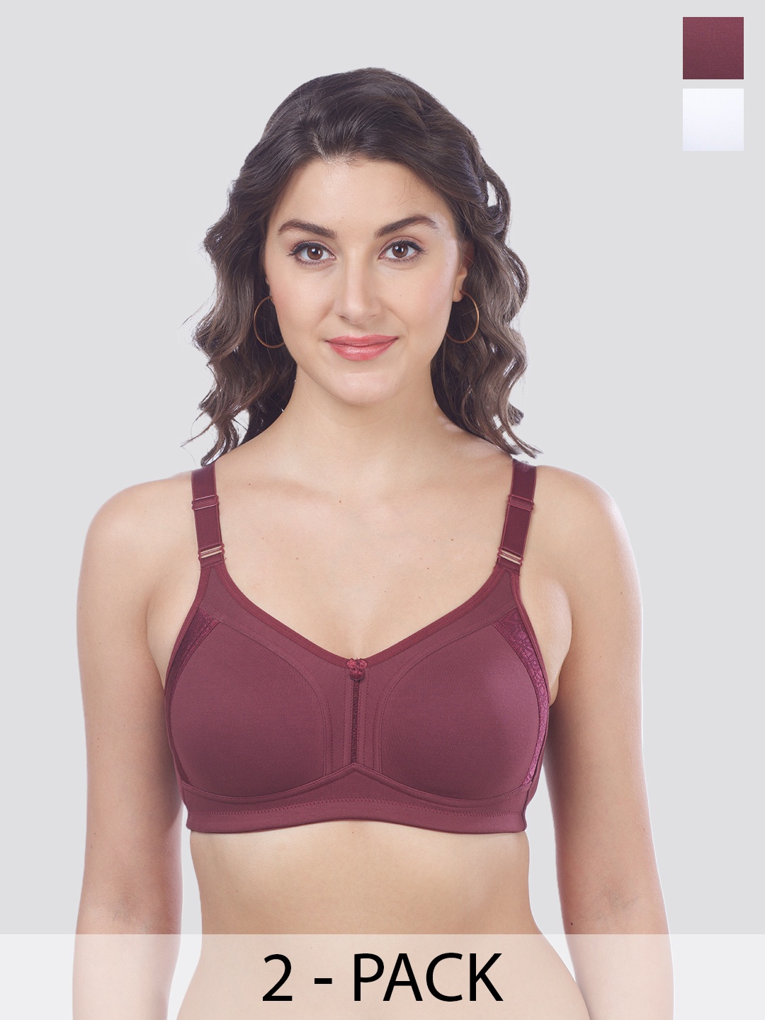 

MAASHIE Pack of 2 Double Layered Cups High Support Lace Bra WNE-WH, Burgundy