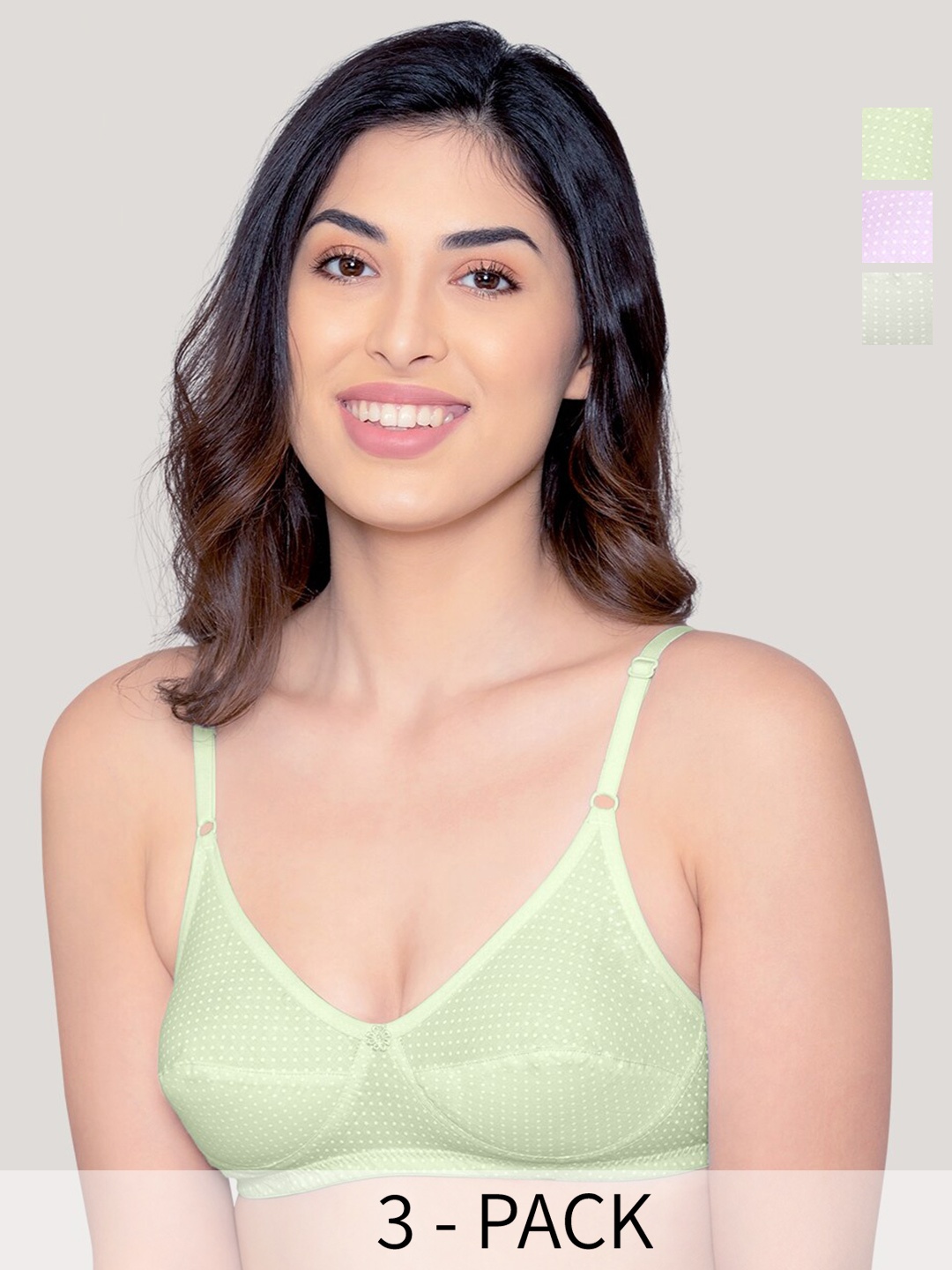 

Kalyani Elin Pack of 3 Polka Dot Printed Cotton Bra GRN-LMN-LV, Green