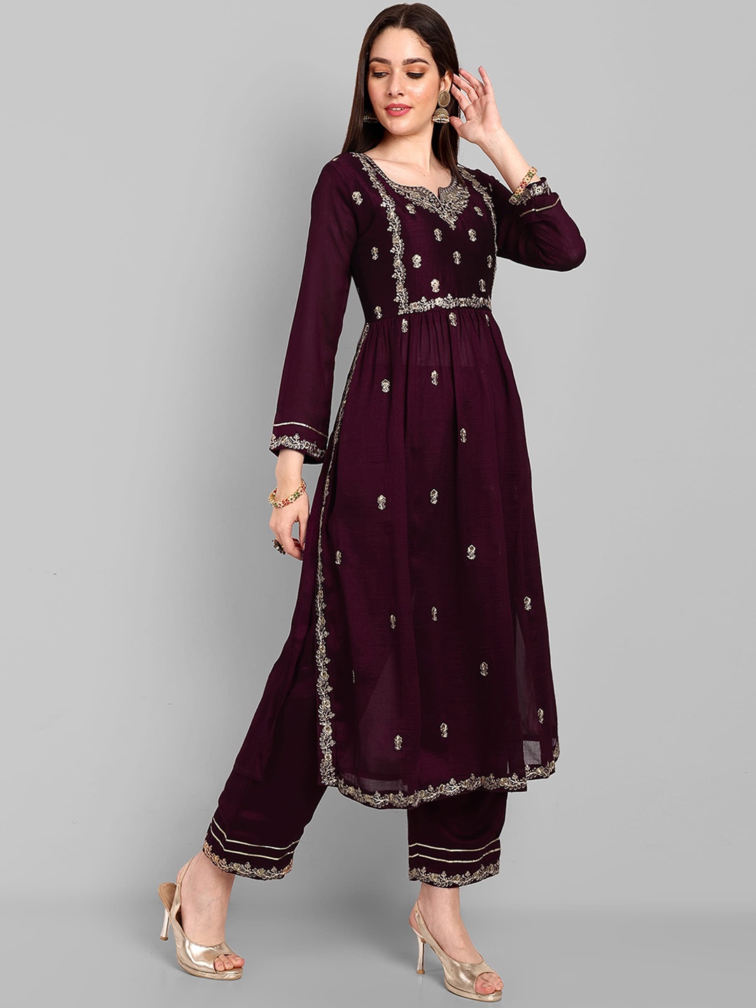 

KALINI Floral Embroidered Regular Gotta Patti Empire Kurta With Trouser, Burgundy