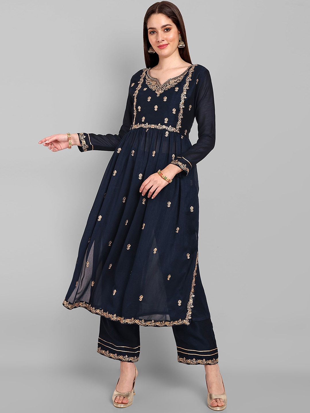

KALINI Floral Embroidered Layered Thread Work Kurta with Trouser, Navy blue