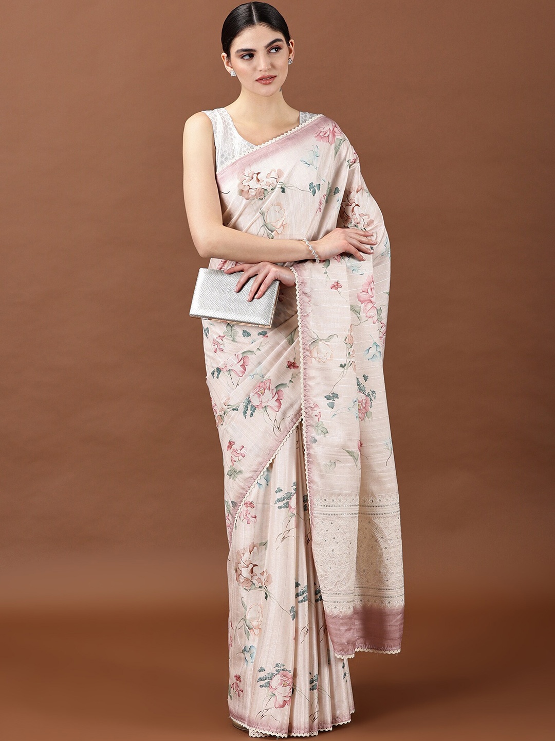 

Kancheepuram Kalakshetra Silks Floral Linen Blend Saree, Pink