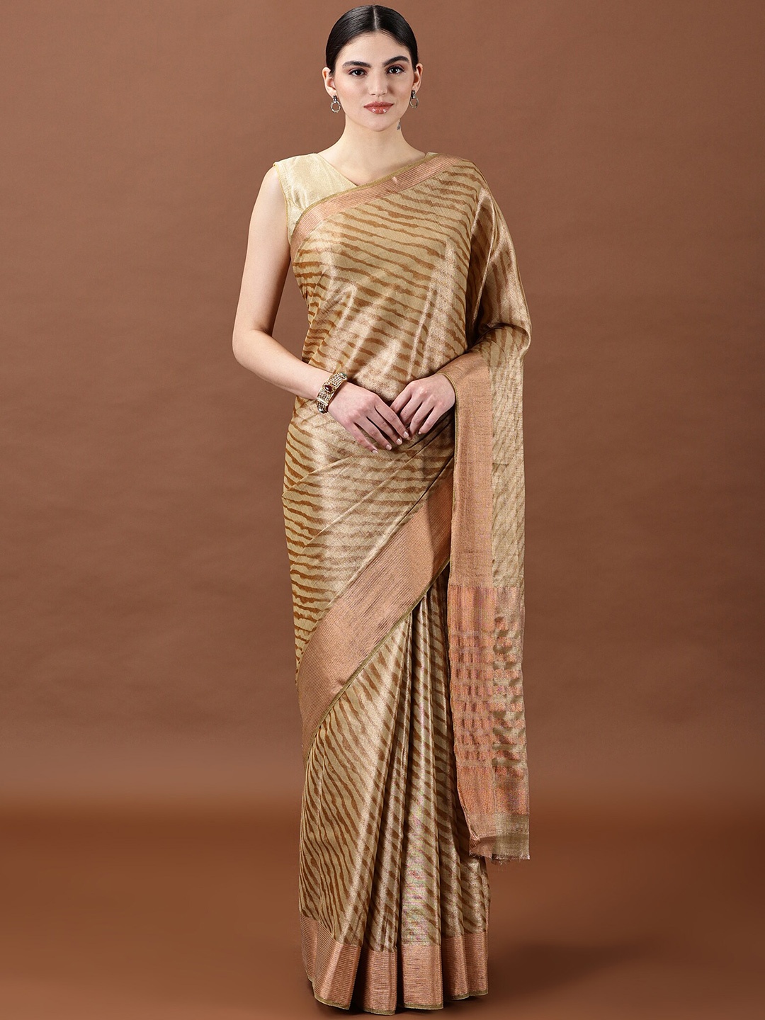 

Kancheepuram Kalakshetra Silks Striped Zari Saree, Beige