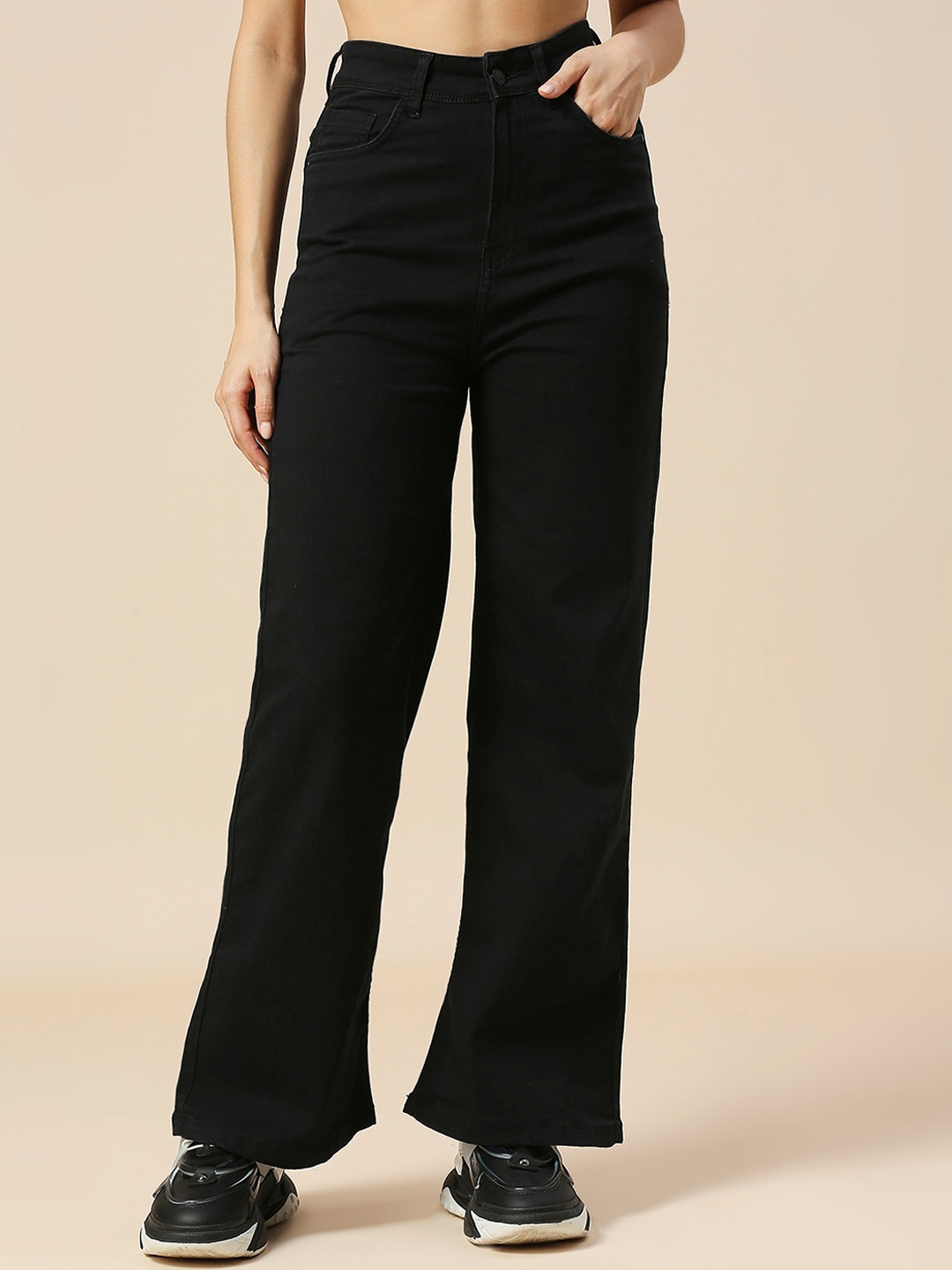 

HJ HASASI Women Wide Leg High-Rise Stretchable Jeans, Black