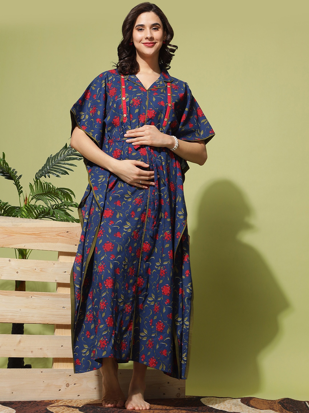 

9shines Label Printed Maxi Maternity Kaftan Nightdress with Feeding Zips, Navy blue